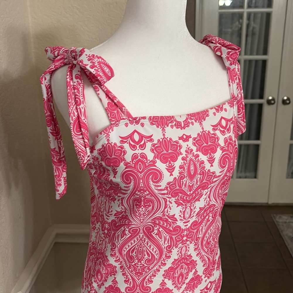 Shein pink tropische print ties on shoulder one piece swimsuit Size L - Picture 12 of 17